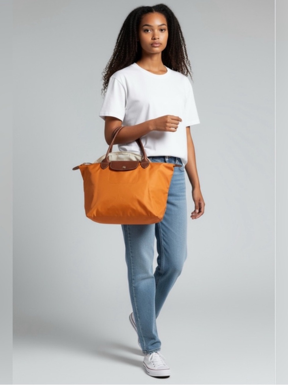 Longchamp Le Pliage Large Tote in Bright Orange with Brown Leather Trim